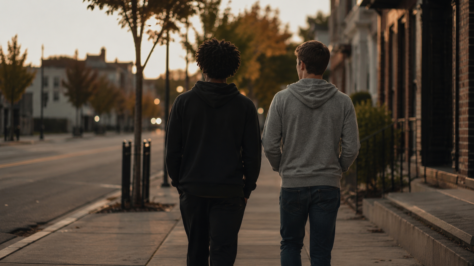 Black and white friends walking together at dusk, illustrating friendship across difference and shared awareness.