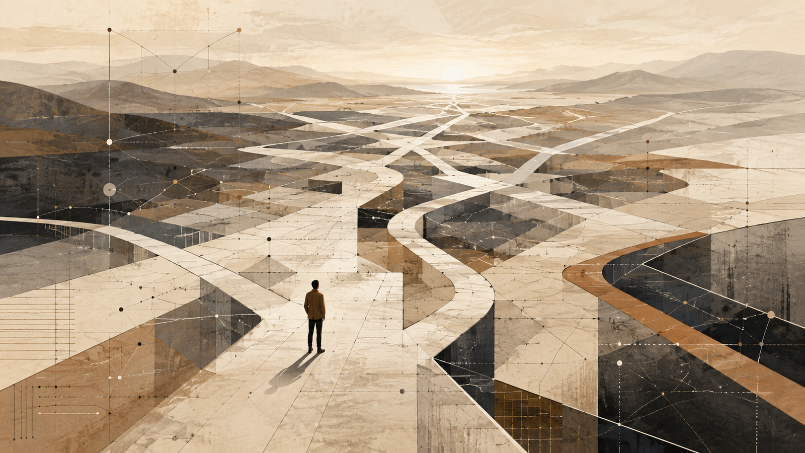 Architectural pathways and interconnected systems representing future literacy, pattern recognition, adaptability, and navigating change.