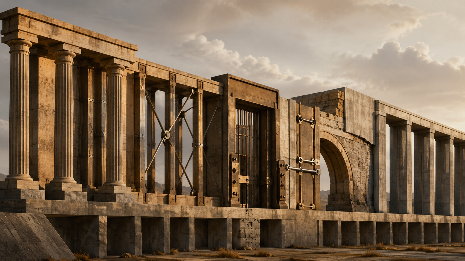 Governance structure shown as load-bearing institutional architecture with reinforced supports, controlled transitions, and a continuous foundation.