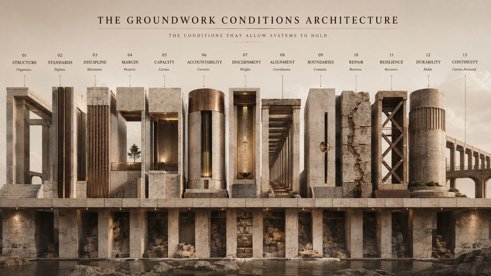 The Conditions architecture showing Structure, Standards, Discipline, Margin, Capacity, Accountability, Discernment, Alignment, Boundaries, Repair, Resilience, Durability, and Continuity.