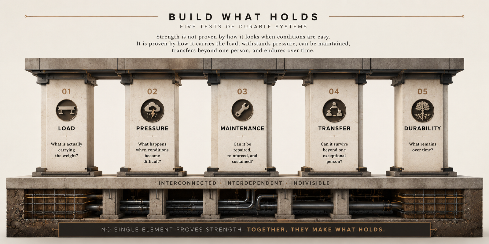 Build What Holds framework showing five tests of durable systems: load, pressure, maintenance, transfer, and durability.