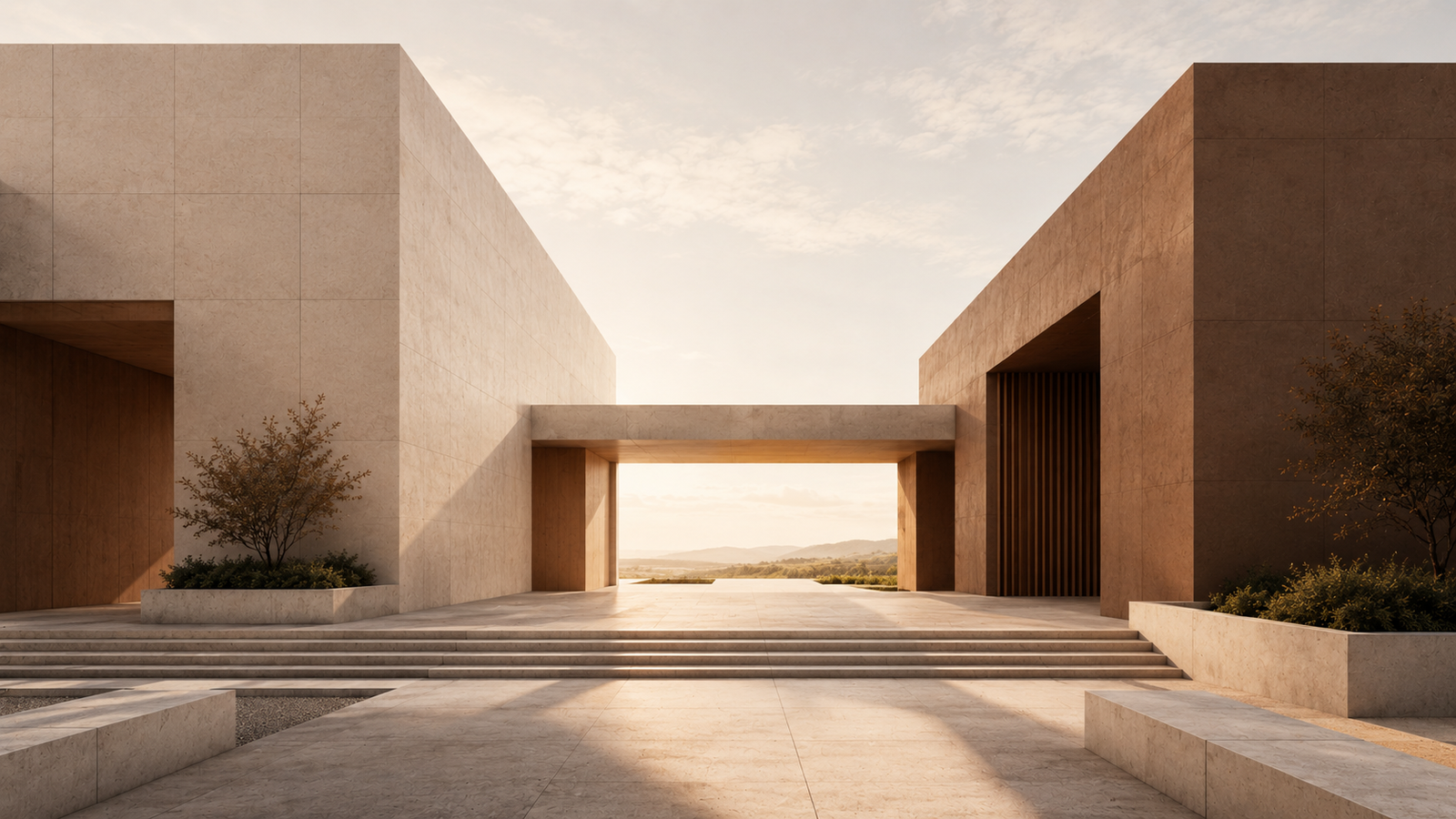 Contact Groundwork Daily | A Structure for Connection Groundwork Daily contact page illustrated by two architectural structures connected through a clear shared passage and open courtyard.