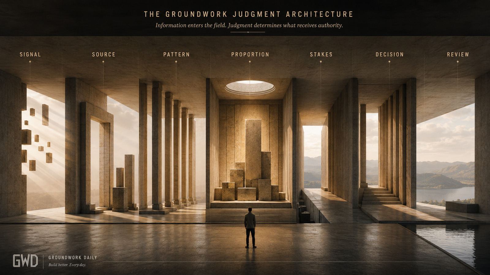 The Groundwork Judgment Architecture Groundwork Judgment Architecture showing signal, source, pattern, proportion, stakes, decision, and review.