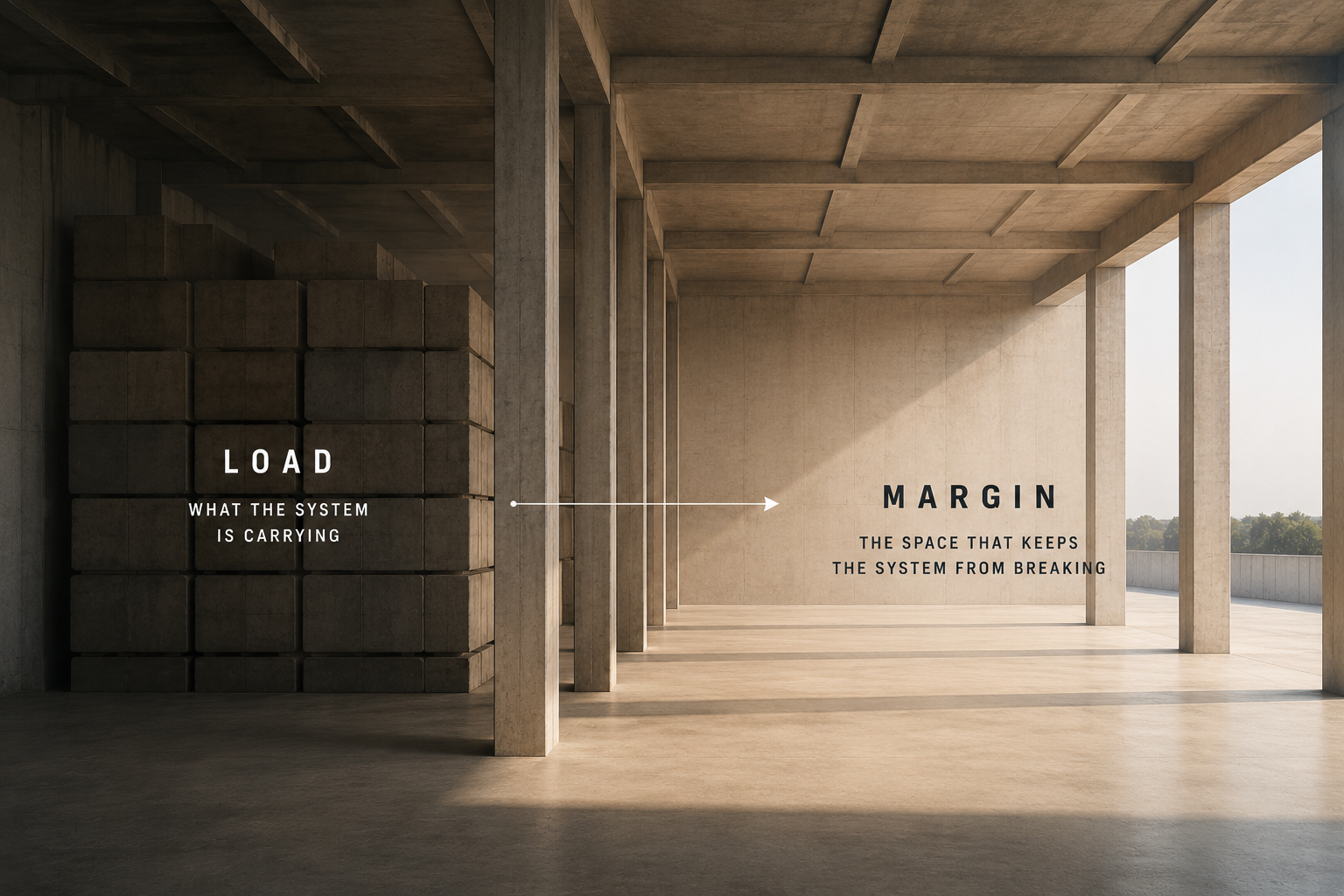 Margin framework showing usable reserve between current load and reliable capacity.