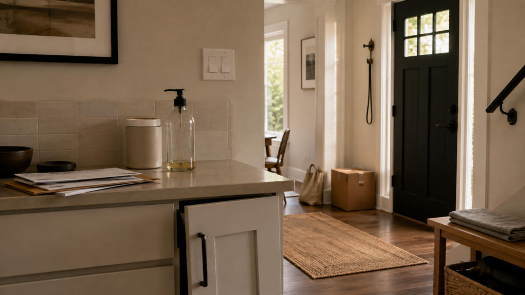 Household maintenance shown through small unfinished tasks accumulating in an otherwise orderly home.