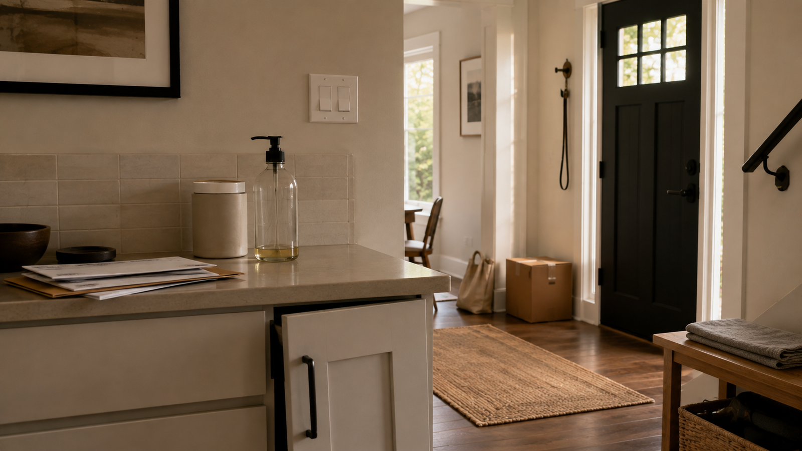 Household maintenance shown through small unfinished tasks accumulating in an otherwise orderly home