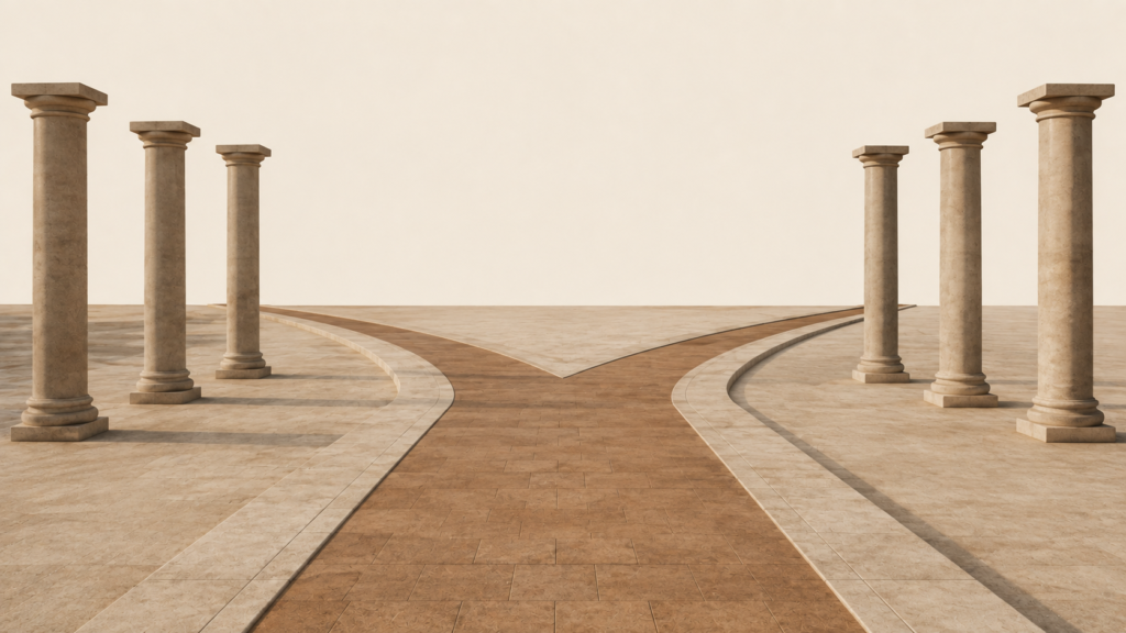 Two complete architectural pathways divide from one stable foundation, symbolizing discerning God's will through wisdom, faith, prayer, and responsible choice.