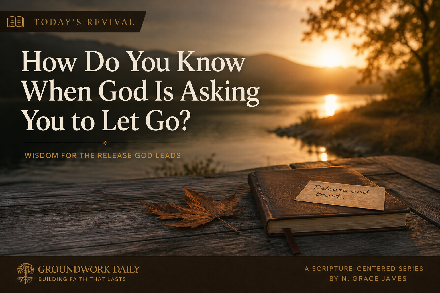 Bible and handwritten note beside a quiet lake at sunset, representing surrender, discernment, and trusting God when deciding what to release.