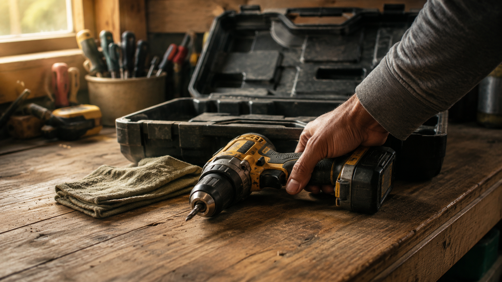 How You Return Something Tells Me Plenty A clean borrowed power drill returned to a worn wooden workbench beside its case and a shop rag.
