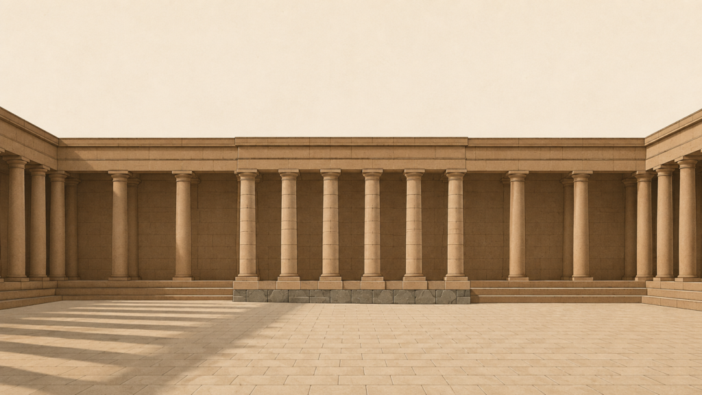 Minimalist editorial architectural illustration of a timeless limestone courtyard with subtly reinforced columns and deeper foundations, representing integrity built through quiet preparation before it is tested.