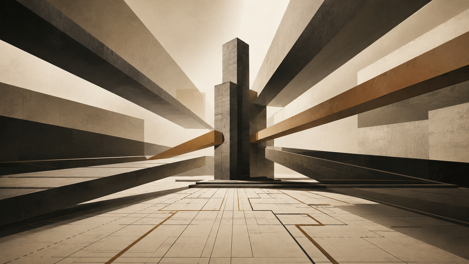 Architectural illustration of intellectual independence showing an upright central structure surrounded by intersecting planes and competing directional pressures.