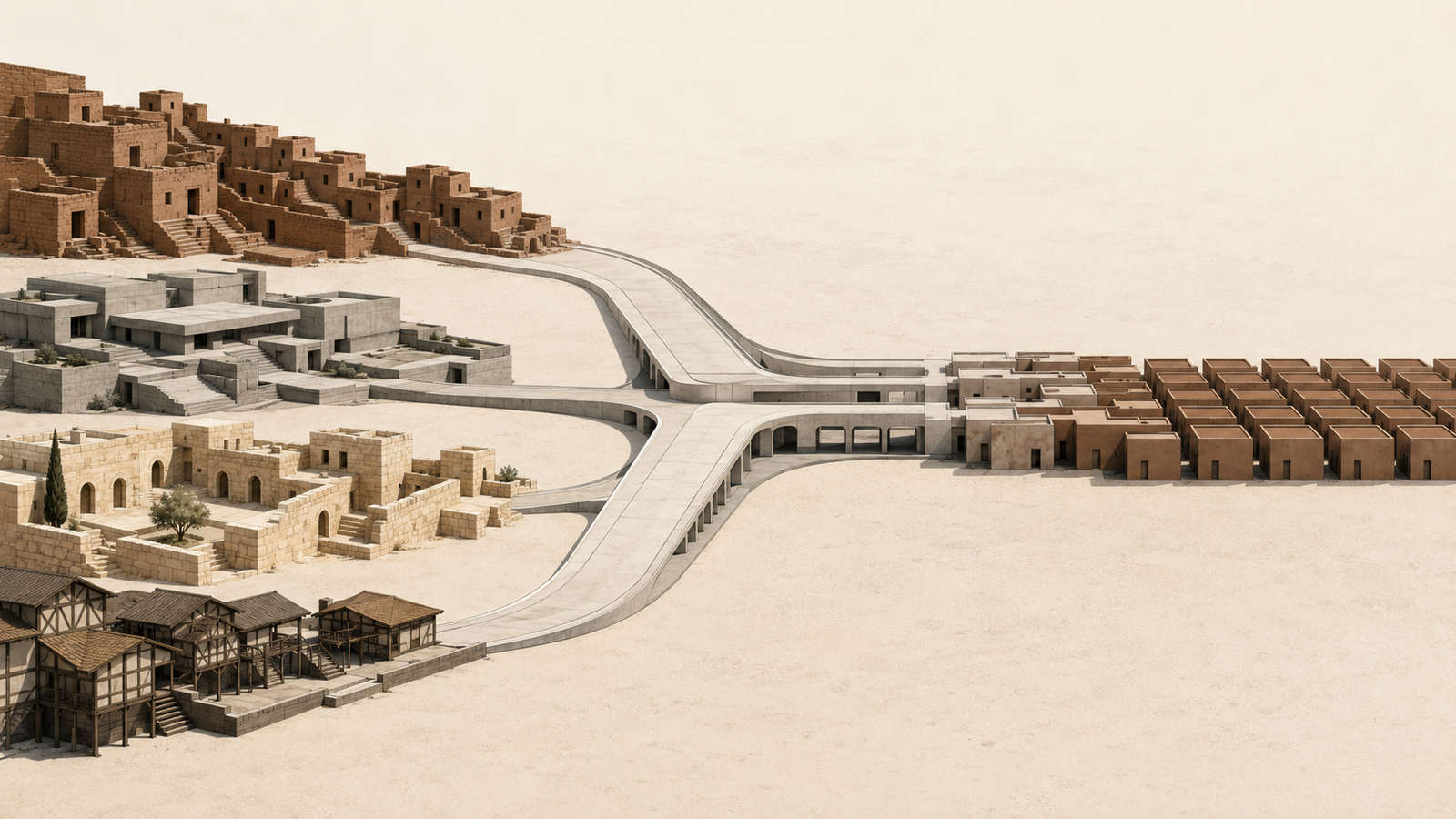 Internet and cultural homogenization illustrated through distinct local districts becoming architecturally uniform.