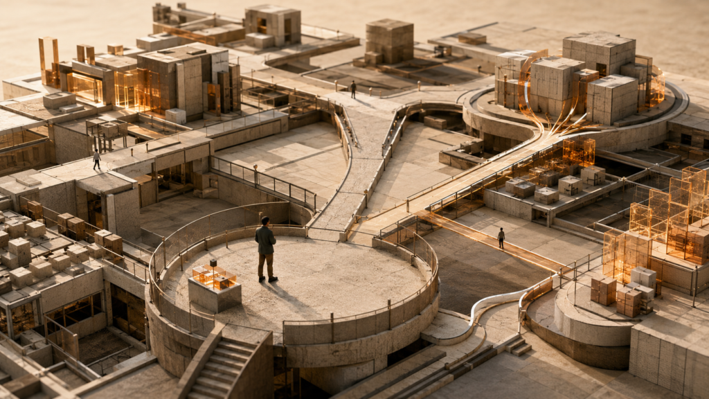Architectural illustration showing job market warning signs, including narrowing career pathways, role consolidation, shifting demand, and emerging opportunities before layoffs.