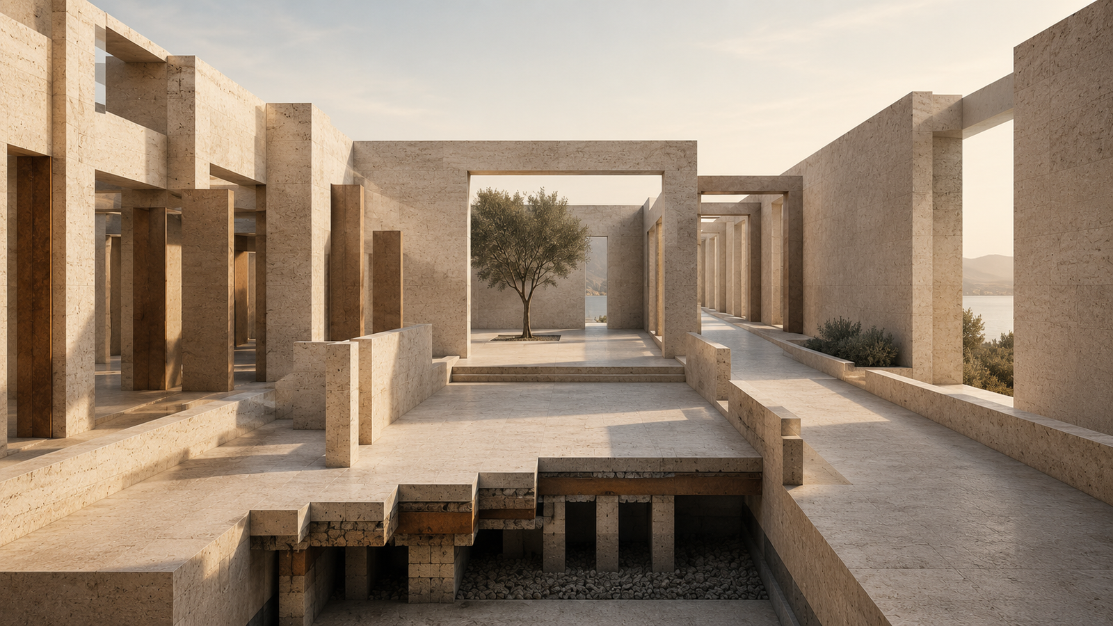 Joseph E. Mercer | Reflective Discipline and Deliberate Movement Layered limestone thresholds move from competing paths toward protected stillness, clear alignment, and deliberate movement.