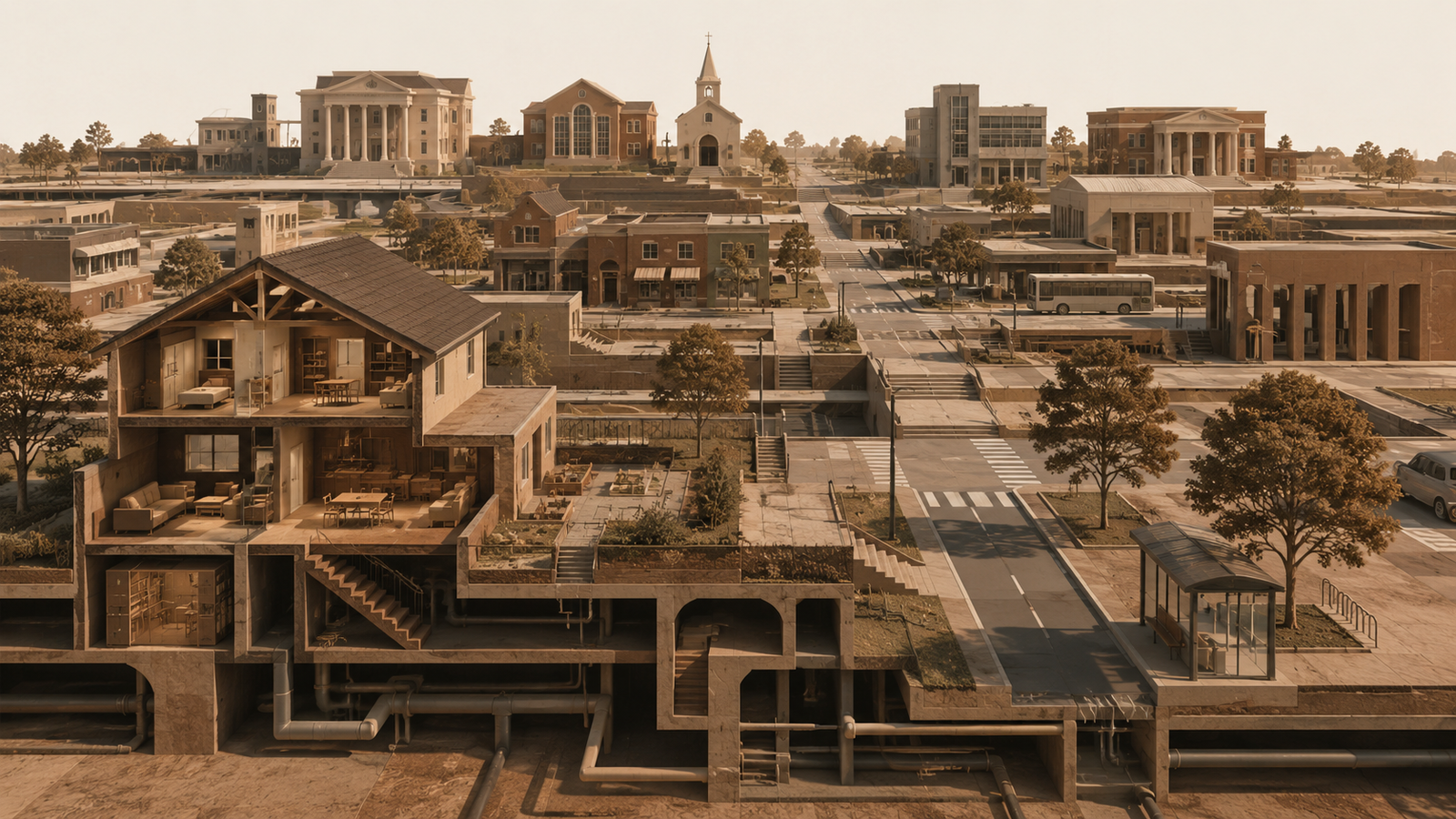 Interconnected homes, civic spaces, public infrastructure, and institutions representing the structures that quietly shape everyday life.