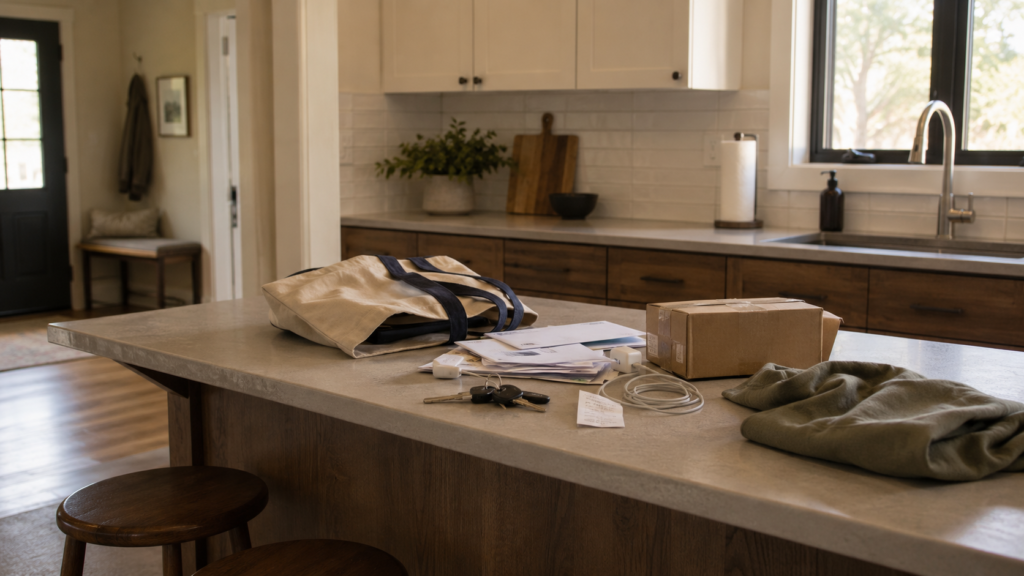 Kitchen counter clutter with mail, keys, a package, and everyday items collecting in an otherwise orderly home.