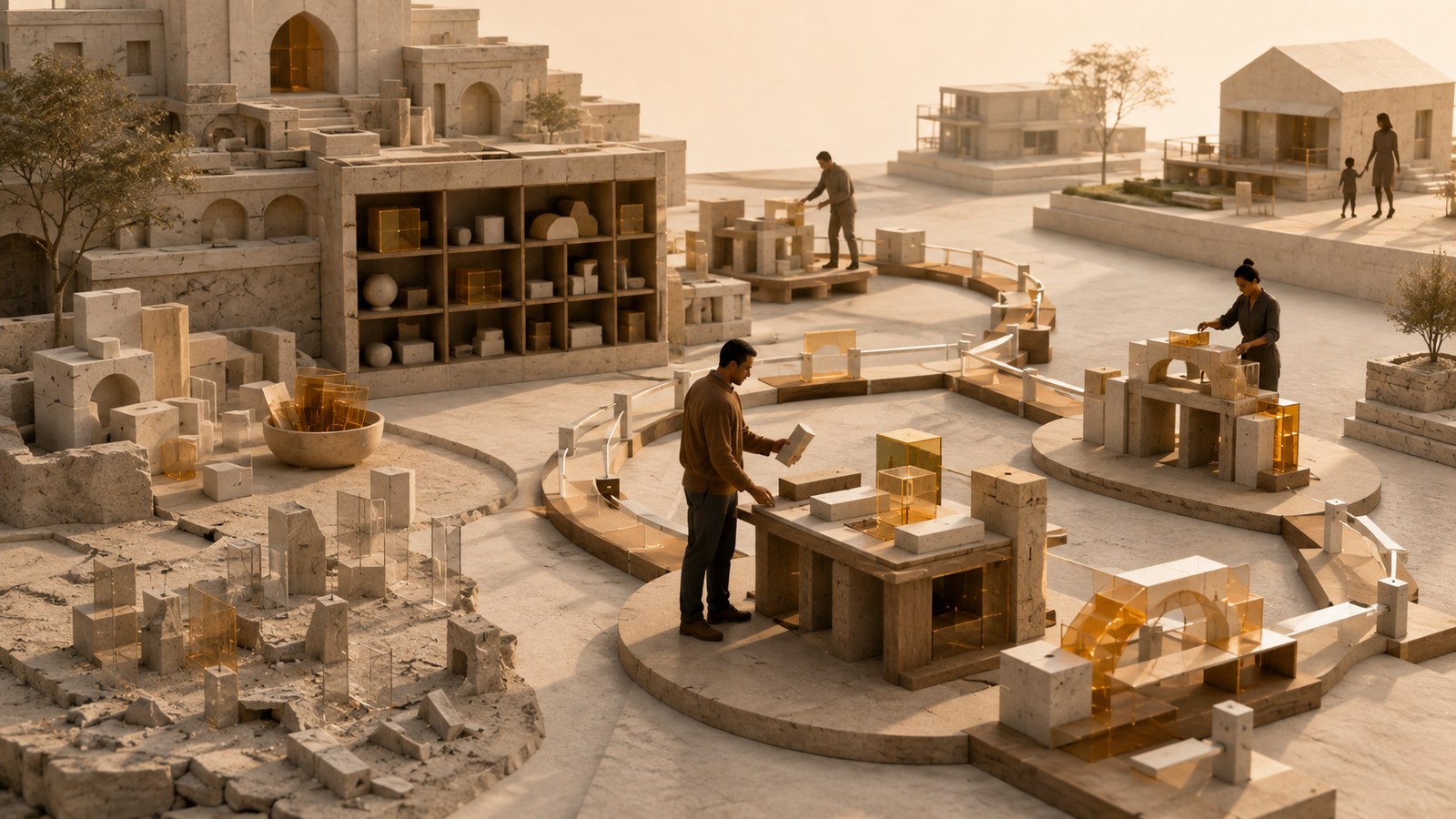 Architectural illustration showing adult learning after 30 as repeated practice, retrieval, application, and skill building within the constraints of work and daily life.