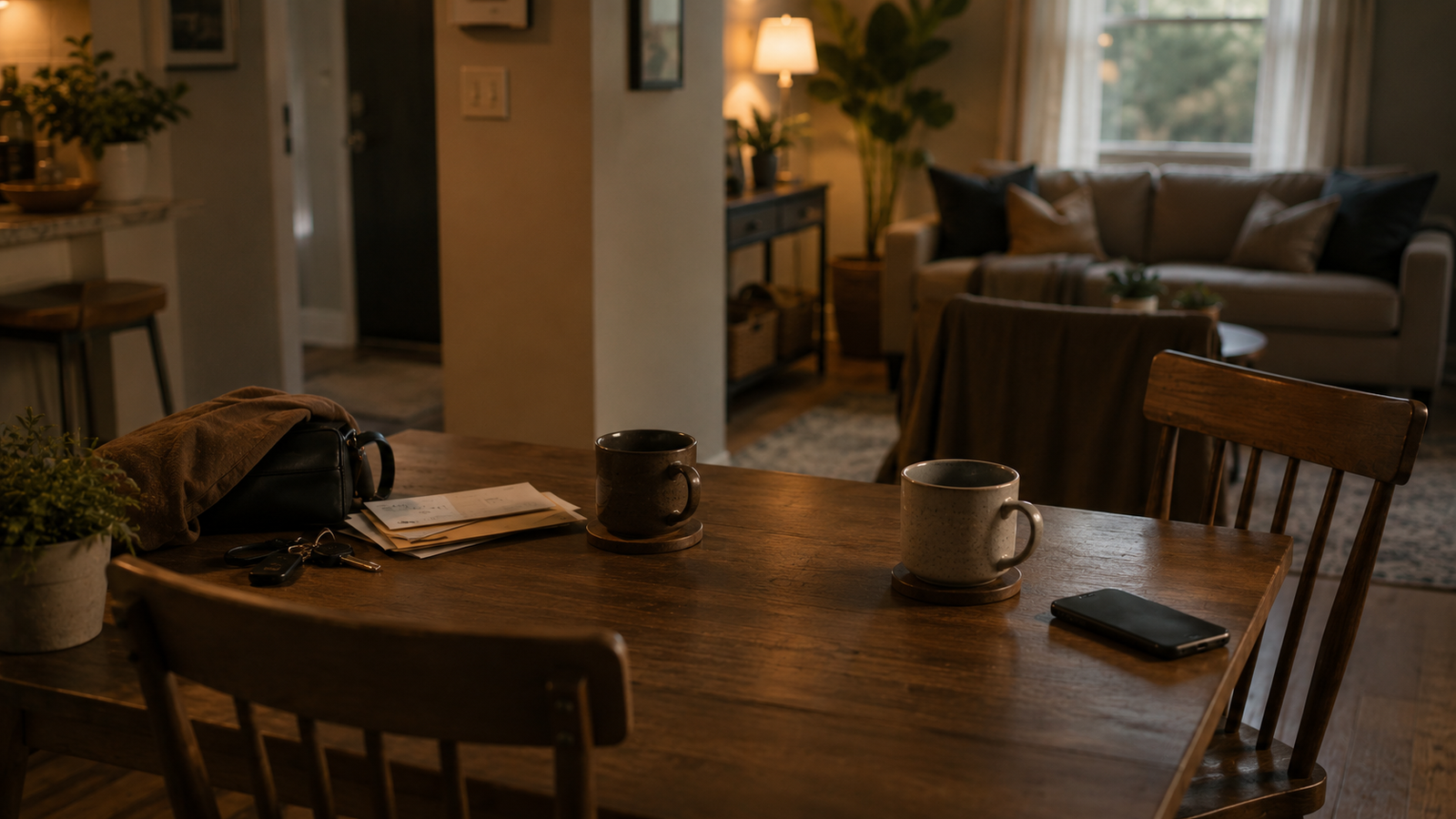 Two places prepared for conversation in a quiet home while ordinary adult responsibilities sit nearby.
