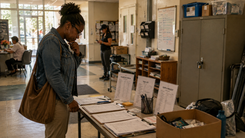 A community volunteer navigating forms, unclear instructions, and small logistical barriers before beginning a simple task, illustrating participation friction.