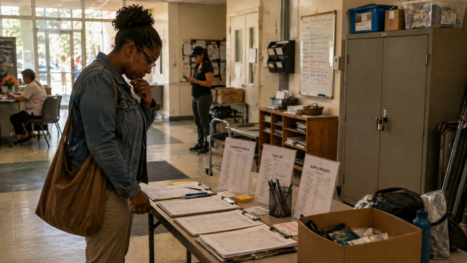 A community participant navigating forms, unclear instructions, and logistical barriers before beginning a simple task, illustrating participation barriers and community friction.