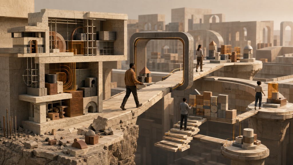 Architectural illustration showing portable skills and career capital moving between different professional structures and work environments.