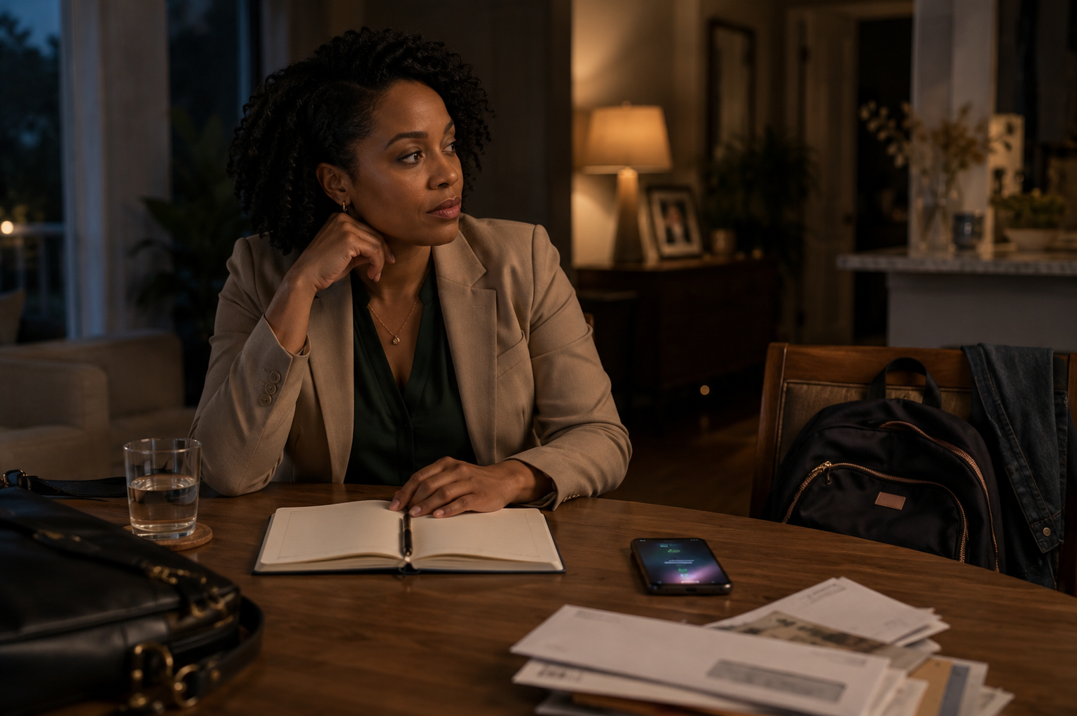 Black woman wondering why she can't focus on herself while a phone, mail, notebook, and family items compete for attention at home.