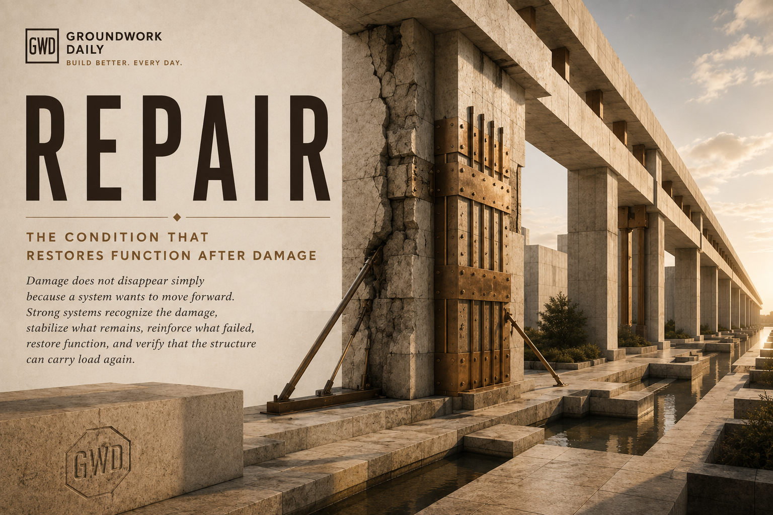Repair shown through Groundwork Daily architecture as a damaged structural column stabilized, reinforced, and restored to carry load again.