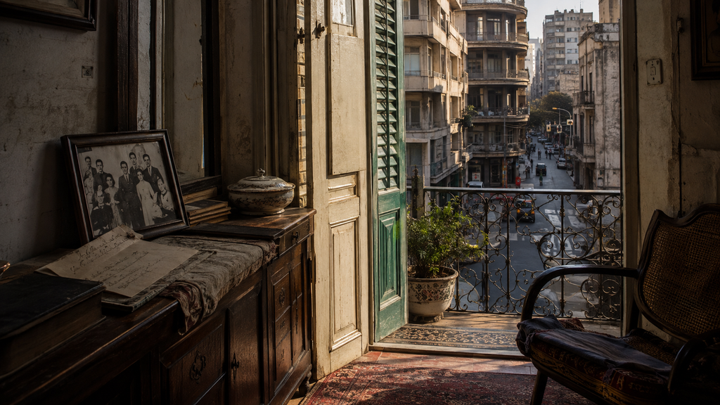 A lived-in family interior opening onto a contemporary city street, representing inherited memory, ancestral homeland, diaspora identity, and the tension between familiarity and foreignness.