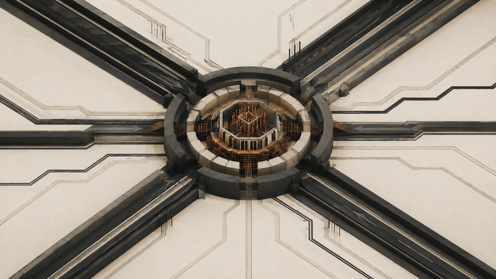 Sleep maintenance infrastructure illustrated as a protected architectural chamber restoring capacity while structural pressures remain outside.
