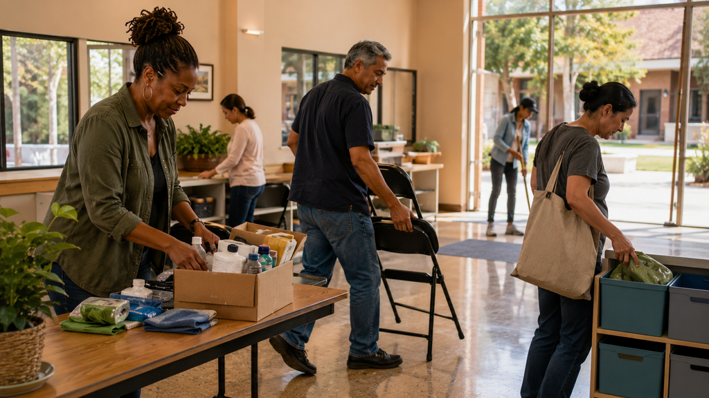 Neighbors making different small contributions to an organized shared community effort, showing how accessible participation can distribute responsibility and build capacity.
