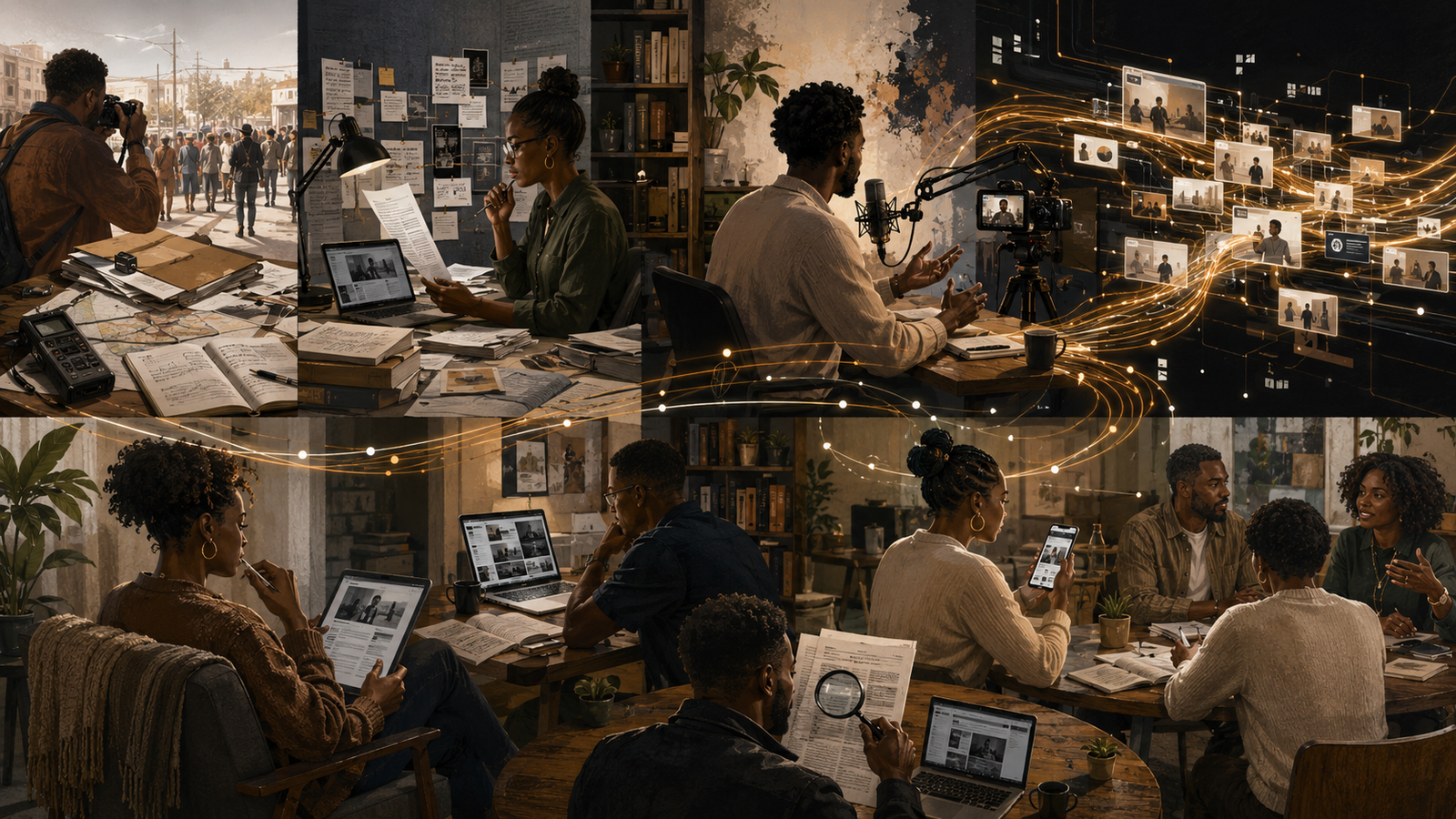 Social media news influencers and Black adults working across reporting, verification, digital distribution, and audience discussion in a layered information environment.