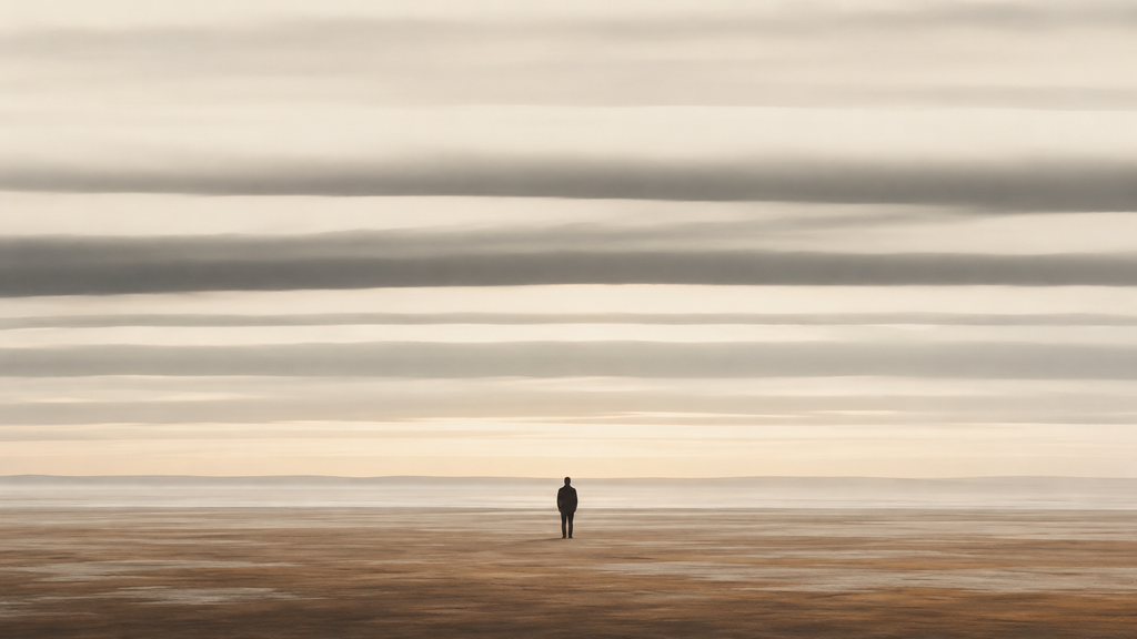 Minimalist atmospheric illustration of subtly uneven horizontal layers surrounding a solitary figure, representing perceptual distortion before deciding to quit.
