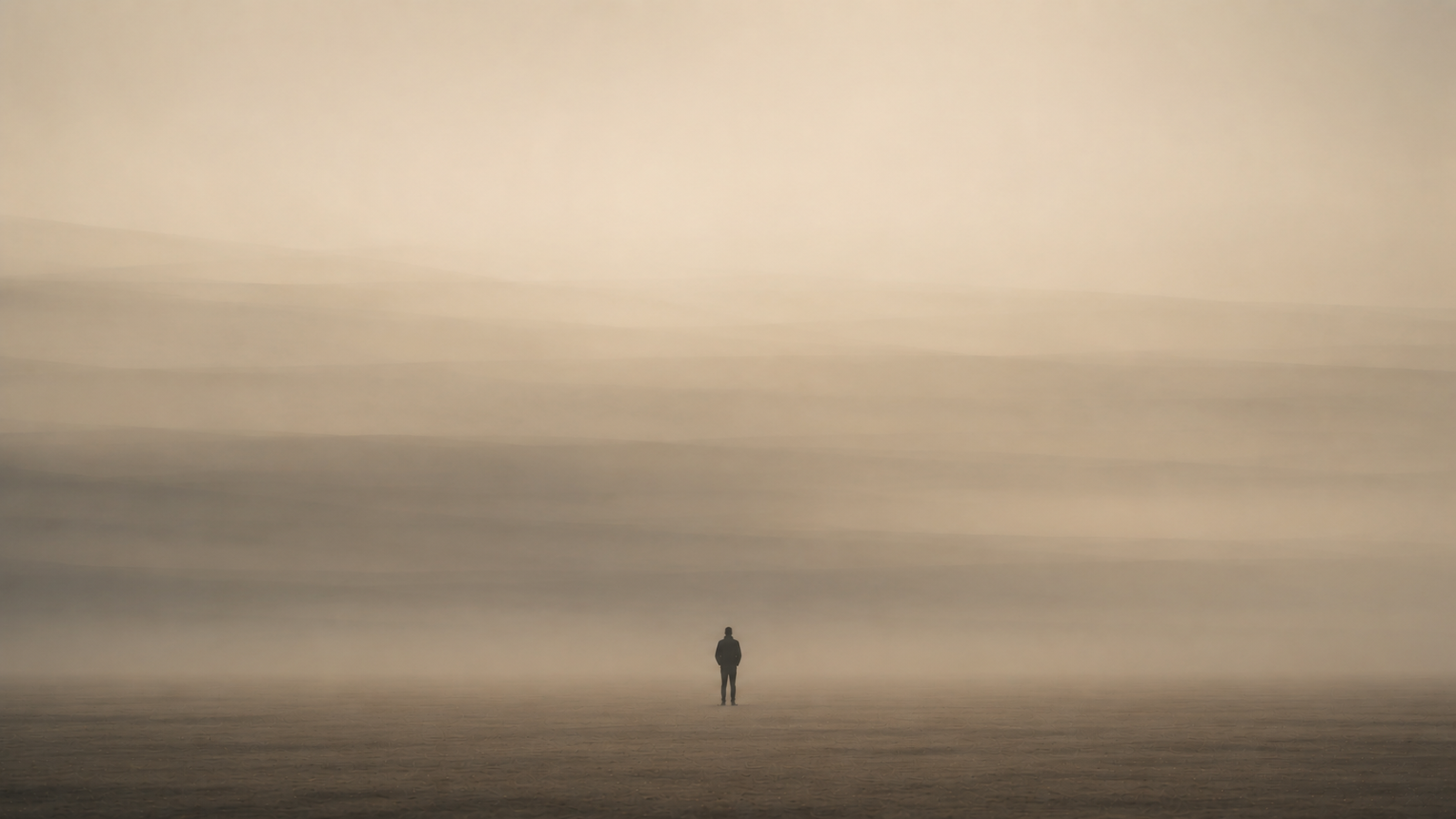 Minimalist atmospheric illustration with reduced visibility around a solitary figure, representing uncertainty when you cannot tell what you want.
