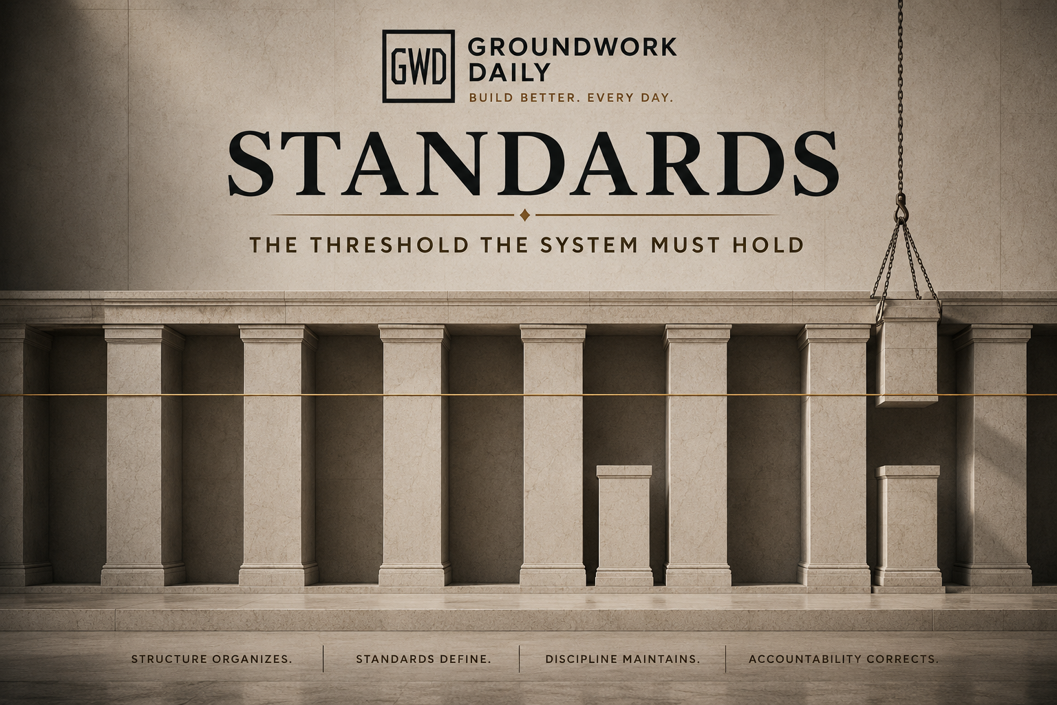 Standards represented through Groundwork Daily architecture with a clear structural threshold that strong systems must maintain.