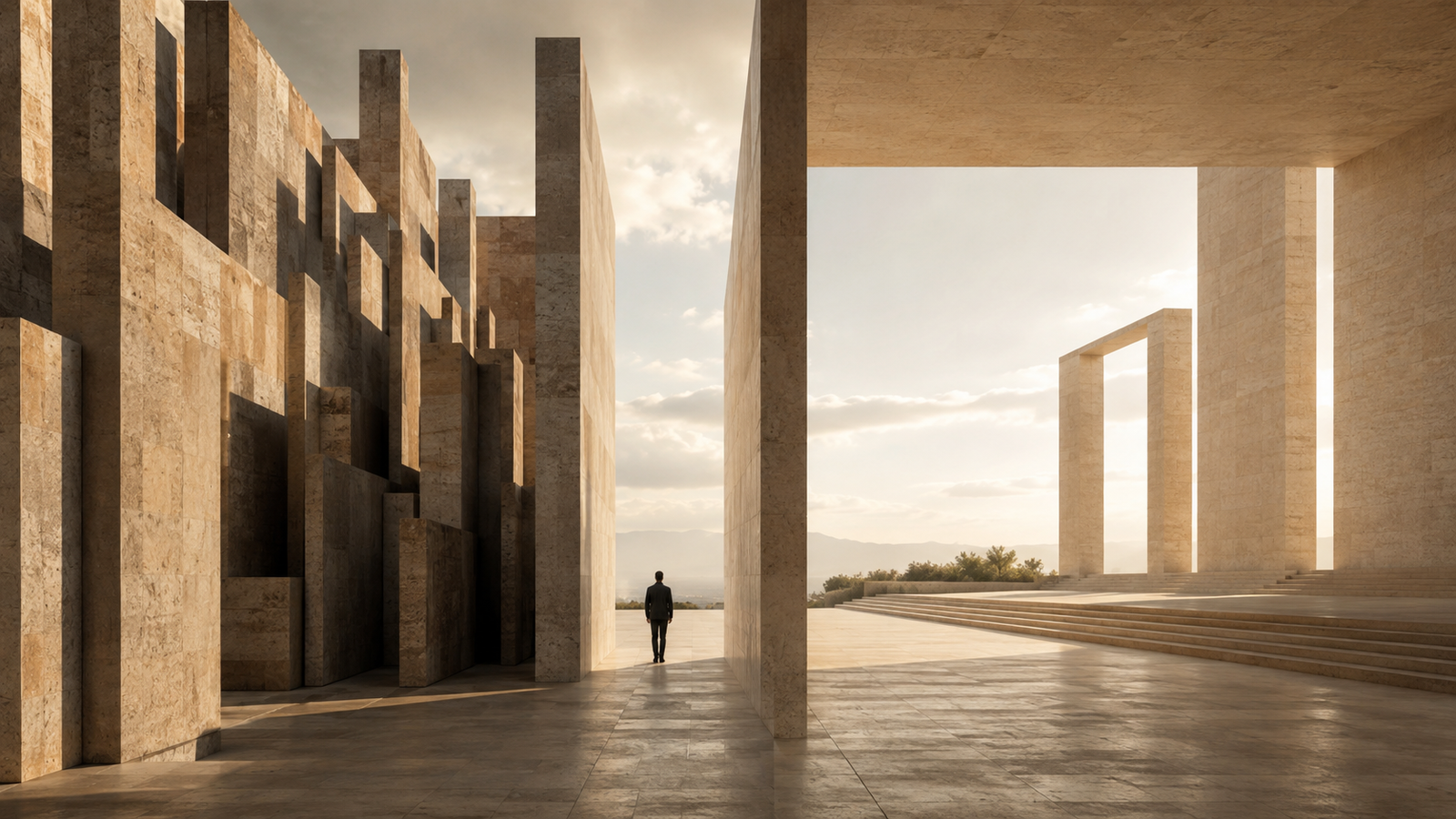 Stillness Is Strategy represented by monumental architecture separating external pressure from an open calm path where deliberate choice remains possible.
