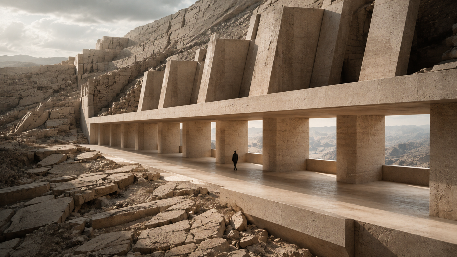 Monumental architectural supports protect an open passage from unstable surrounding terrain, representing how thoughtful structure reduces preventable burden before people have to carry it.