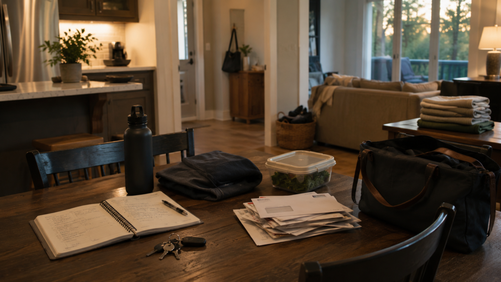 Sunday night household preparation with a planner, work bag, folded clothing, lunch container, and other items being readied for Monday.