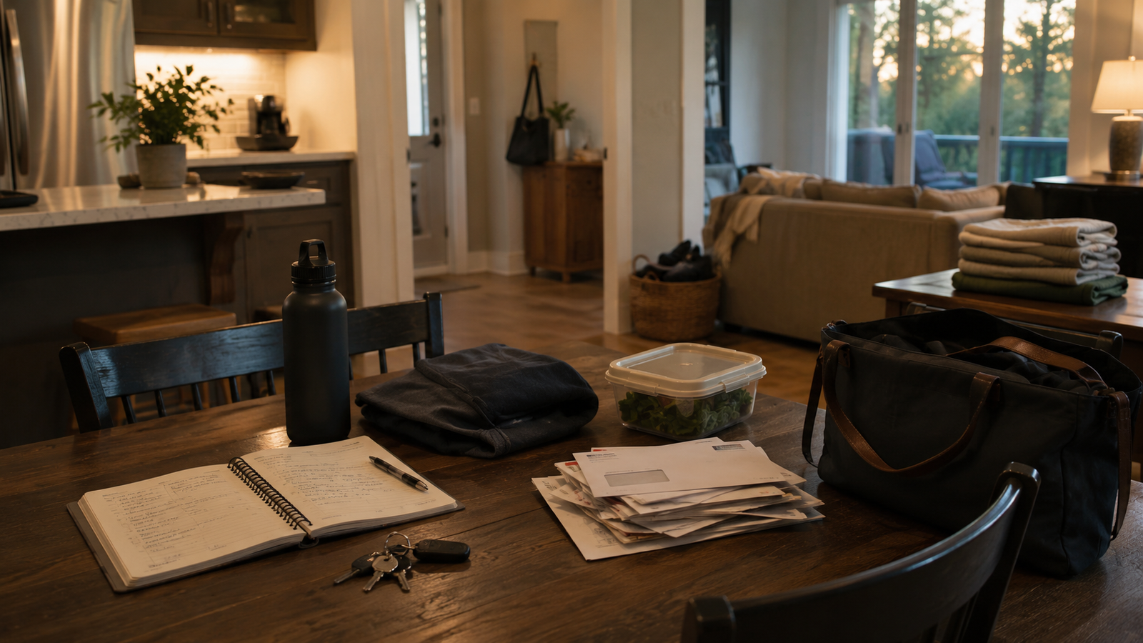 Why Sunday Night Feels Like Work Before Monday Begins Sunday night household preparation with a planner, work bag, folded clothing, lunch container, and other items being readied for Monday
