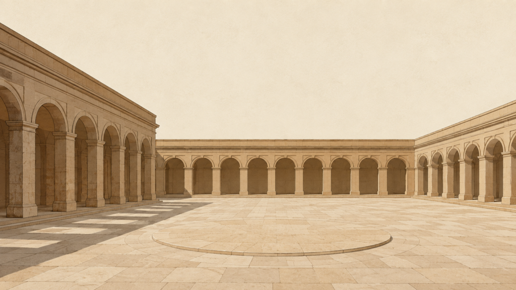 Minimalist editorial architectural illustration of a timeless limestone cloister courtyard maintained through decades of quiet stewardship, representing unseen character formation and The Quiet Work.