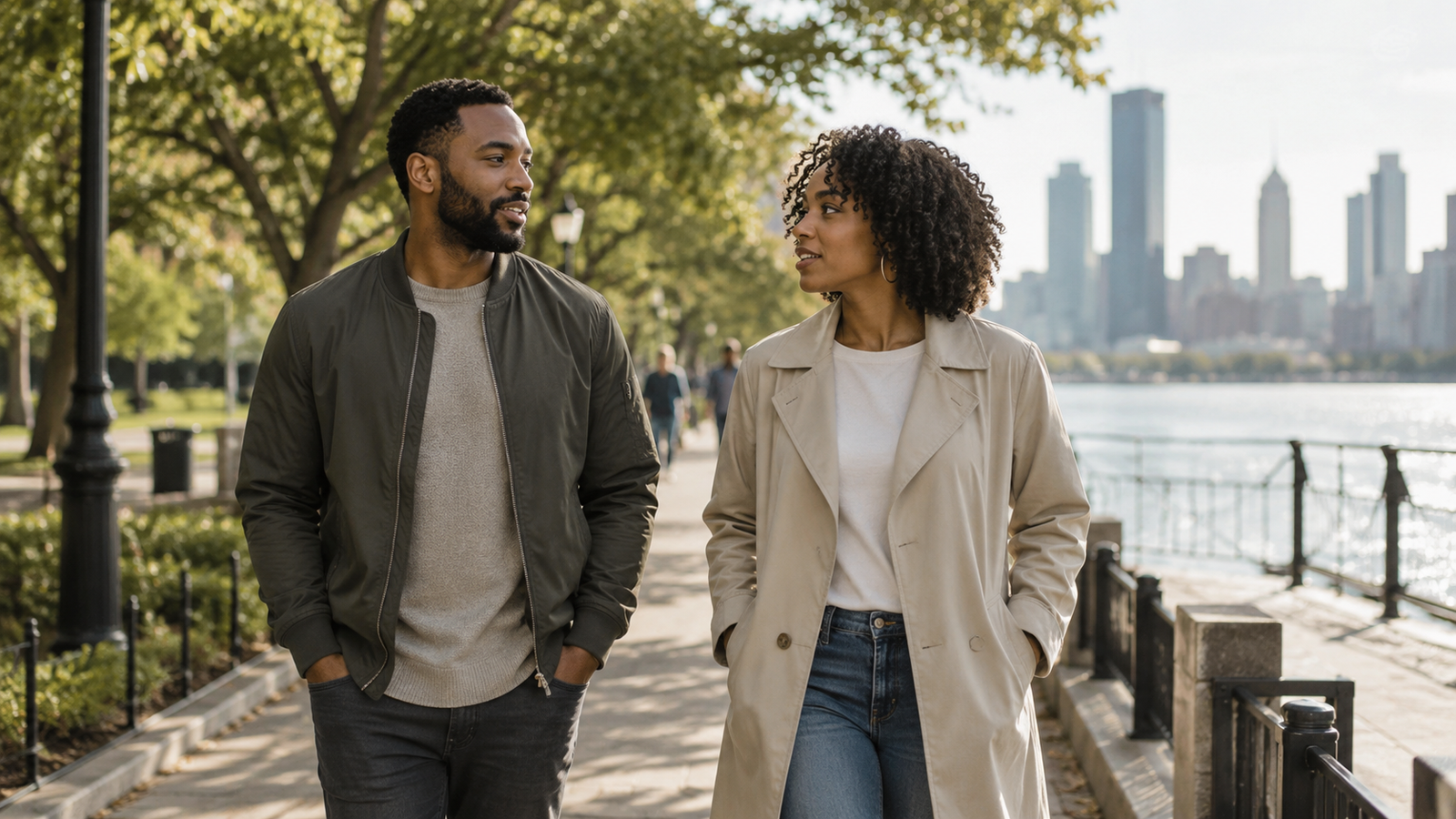 Black man and woman walking together during an ordinary date while building compatibility without transactional expectations.
