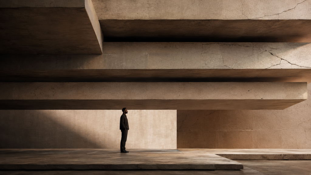 Editorial illustration of a Black man standing beneath layered architectural structures representing accumulated stress, weathering, and allostatic load.