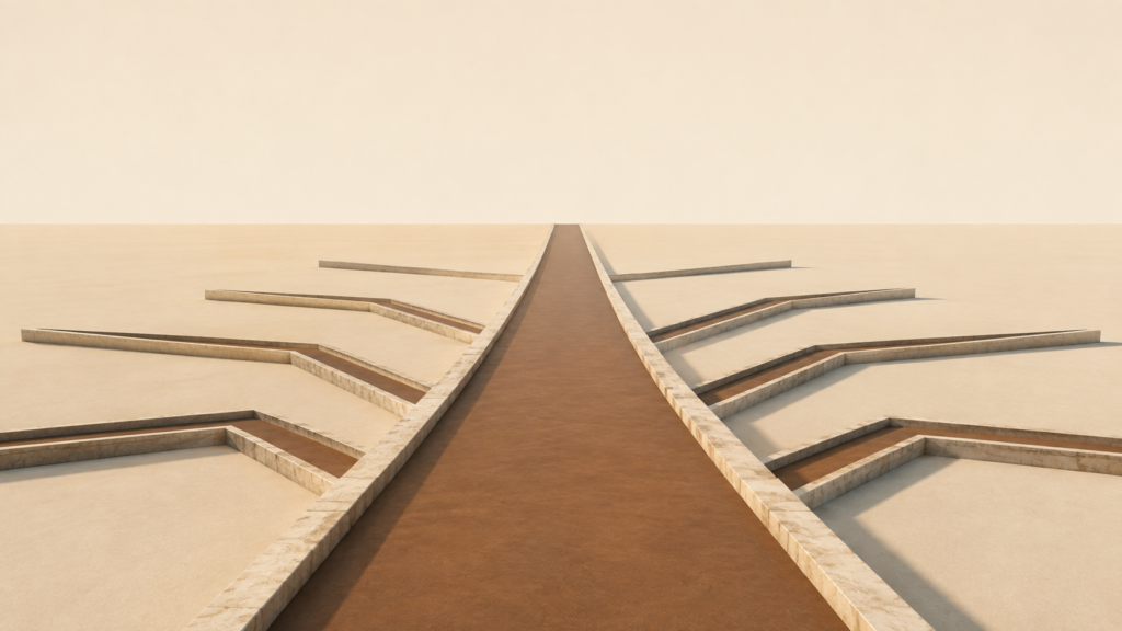 Multiple architectural paths converge into one steady pathway, symbolizing biblical reflection on anxiety, prayer, trust, and returning attention to the present.