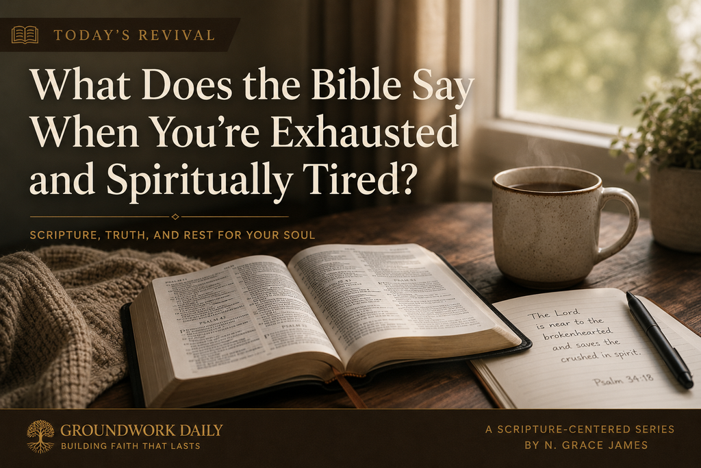 Open Bible, warm drink, and journal beside a sunlit window representing spiritual exhaustion, Scripture, and rest in God.