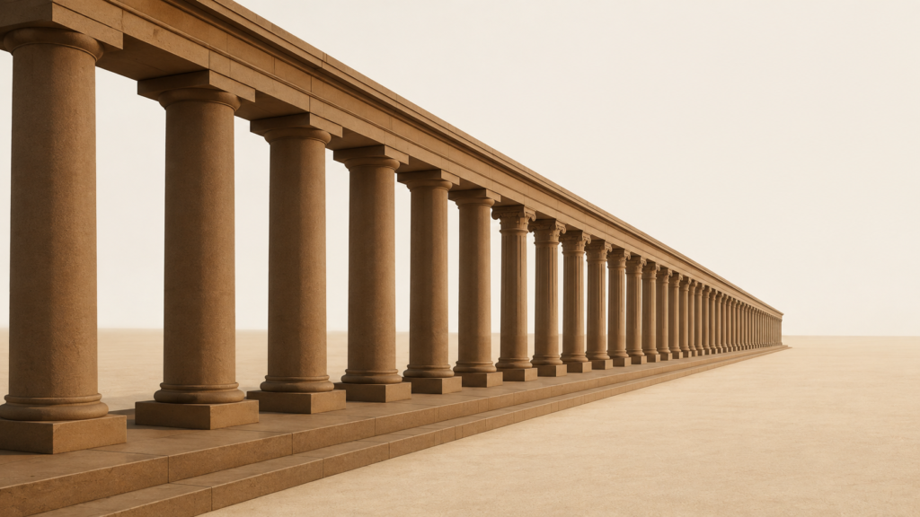 A minimalist architectural colonnade with progressively refined columns built on one continuous foundation, symbolizing waiting on God, spiritual formation, and faithful growth over time.