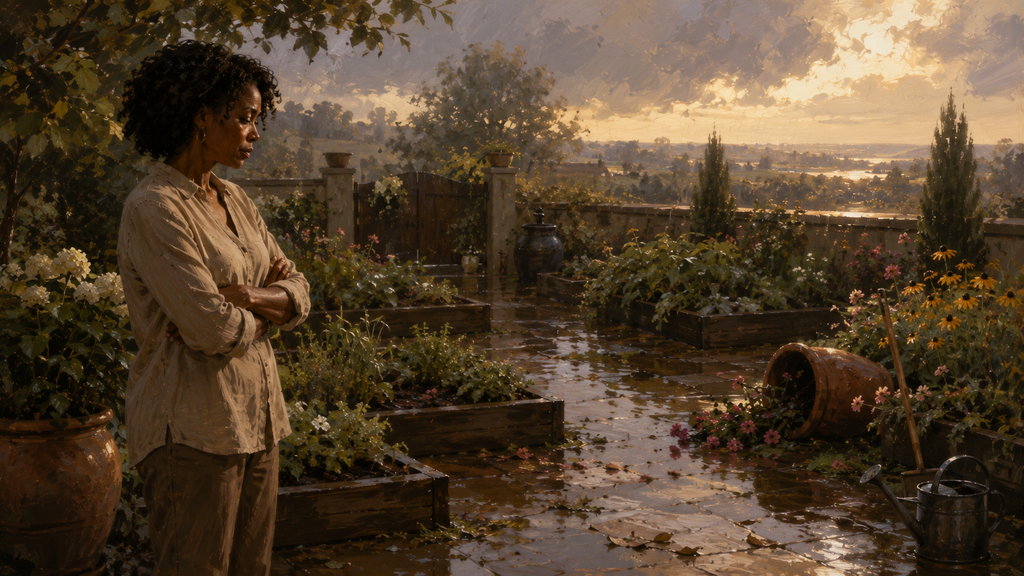 A thoughtful Black woman stands beside a rain-soaked garden after an unexpected storm, illustrating how a sound decision can still produce an unwanted outcome.