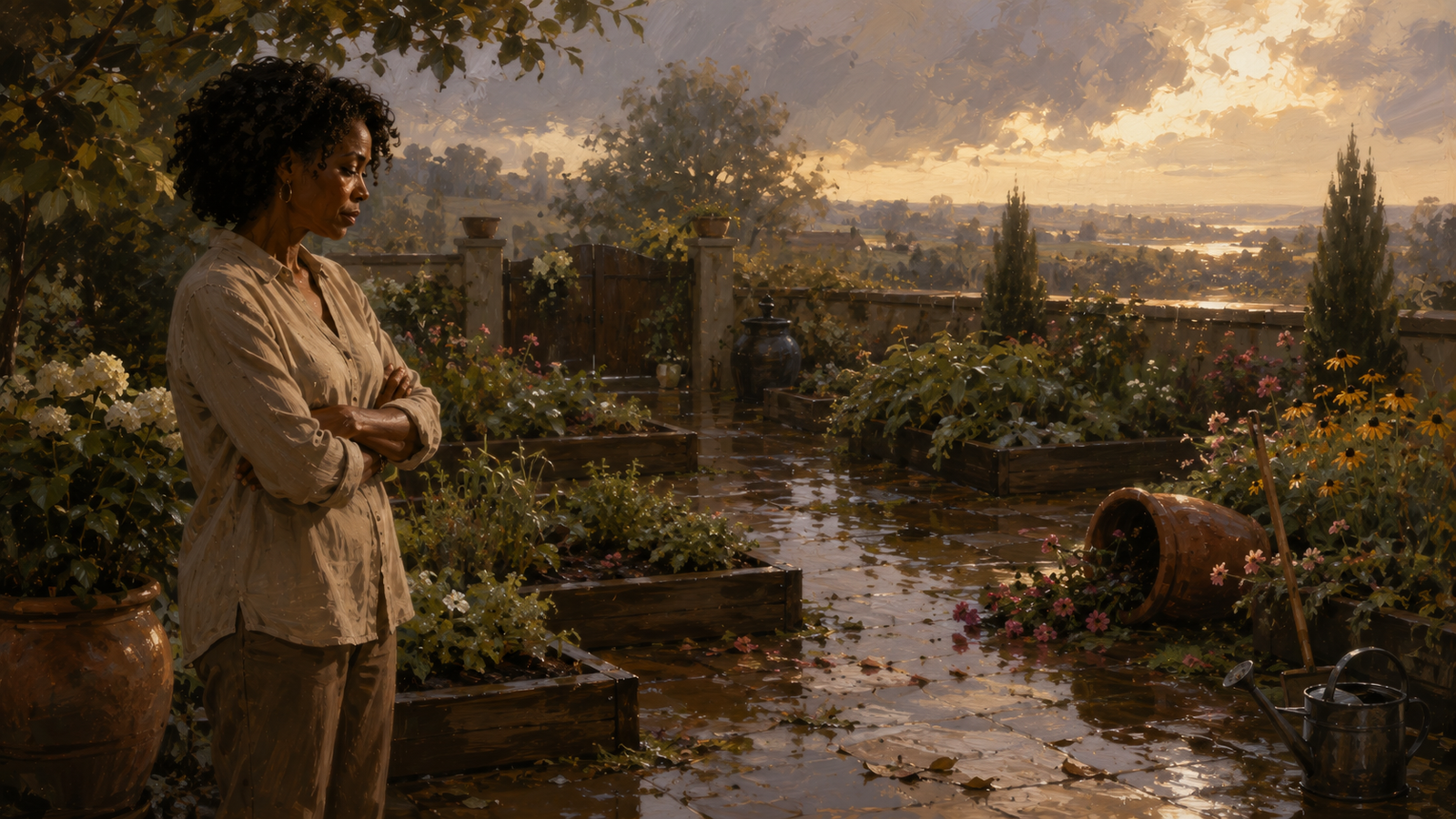 A thoughtful Black woman stands beside a rain-soaked garden after an unexpected storm, illustrating how a sound decision can still produce an unwanted outcome.