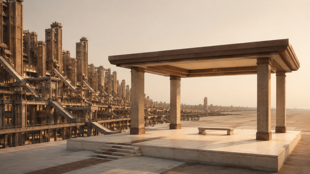 Minimalist architectural illustration of a quiet stone pavilion resting within a balanced civic landscape, symbolizing restorative rest as an essential part of long-term discipline and sustainable growth.
