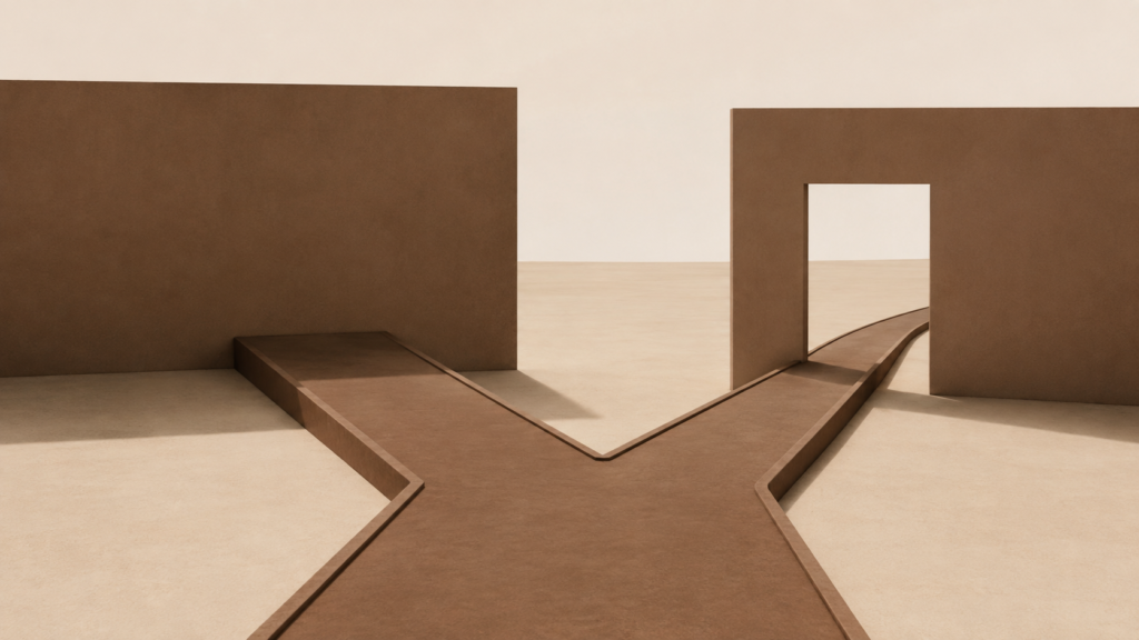 Minimalist architectural pathway revealing a second route beyond an apparent dead end, representing how first interpretations can be incomplete.
