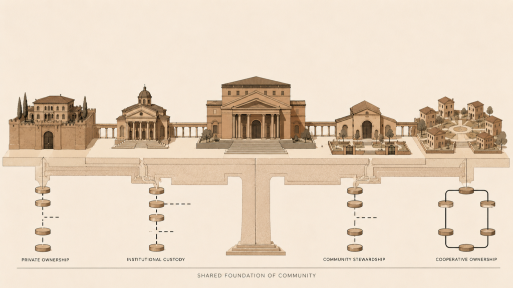 Minimalist architectural illustration comparing different ownership models for community history through civic archives, governance, stewardship, preservation, and succession.