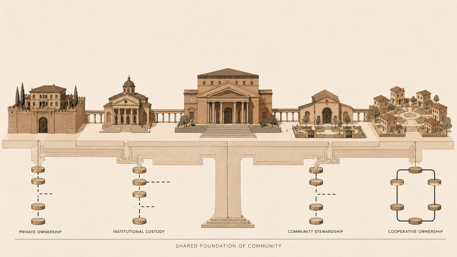 Architectural comparison of private ownership, institutional custody, community stewardship, and cooperative governance.